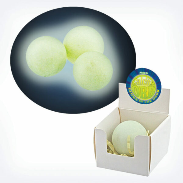 Glowing Calcite Orb in display box and with picture of orb glowing in the dark