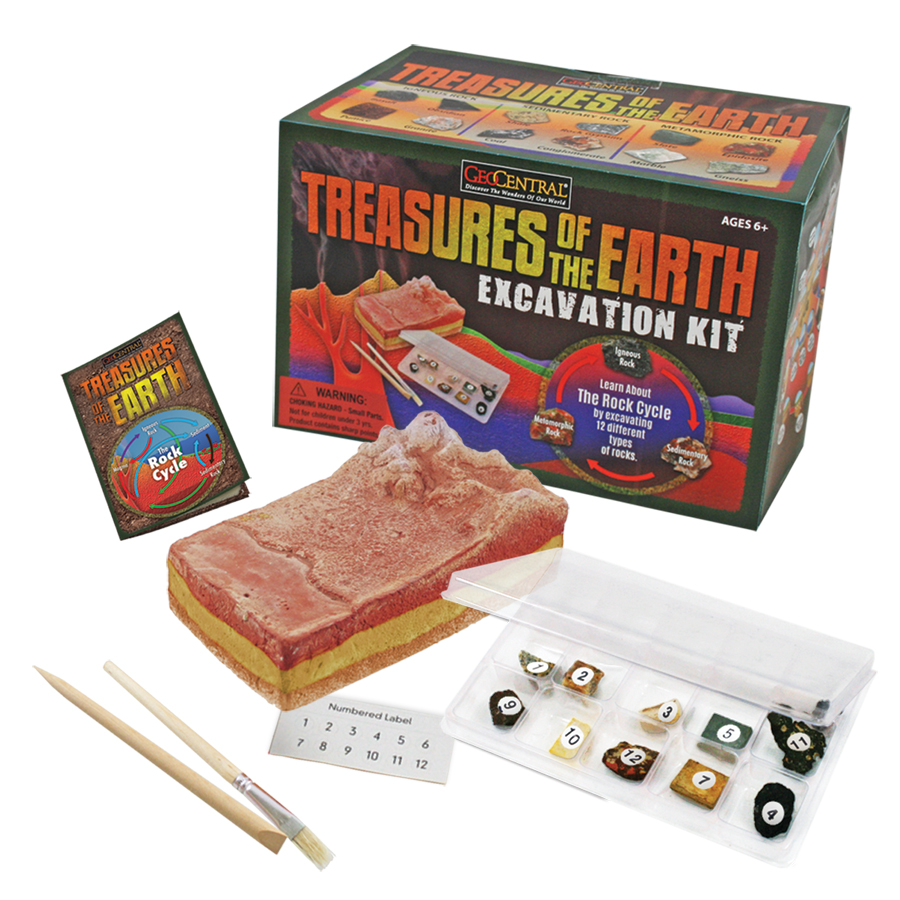 Dig kit with chisel, brush, gems, dig block and package.