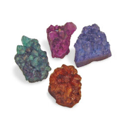 Four colored amethyst clusters in red, blue, green and purple,