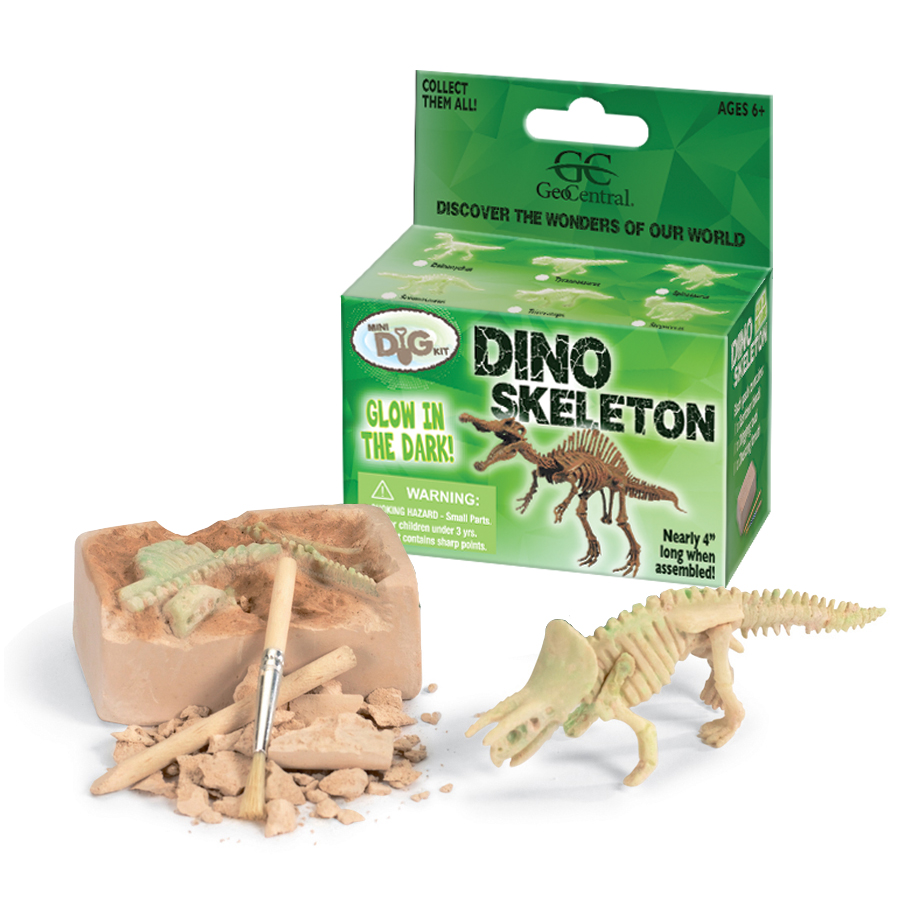Glow Dino Skeleton Kit with a small block and dinosaur bones