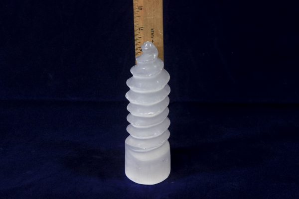 Selenite Spiral Tower with ruler for size