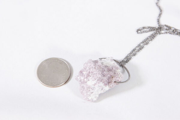 lepidolite necklace pendant with quarter to scale