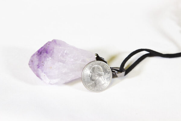 amethyst point necklace with quarter to scale