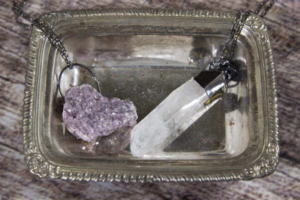 Lepidolite and quartz with tourmaline necklace