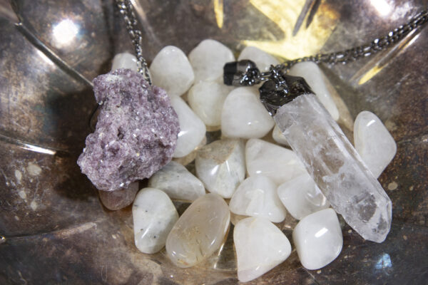 Lepidolite and quartz with tourmaline necklace