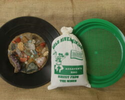 Assayers gemstone mining bag and sifter with gems and sand