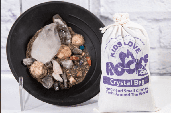 Crystal Mining bag next to display pan