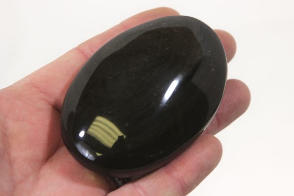 Black Obsidian Palm Stone with Gold Sheen in hand for size comparison
