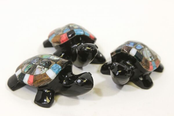 Three 4 inch Obsidian Inlaid Turtles