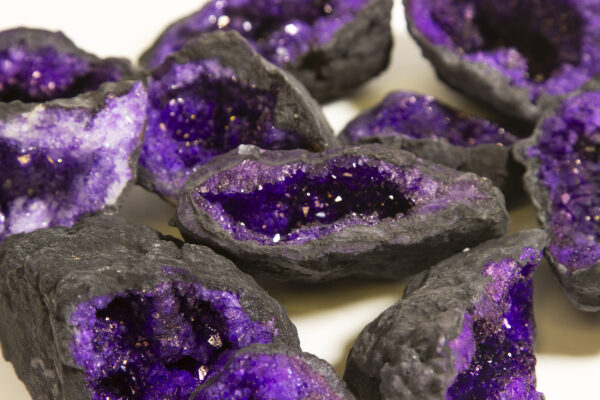 assorted small purple dyed geodes close up