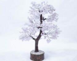 500 stone Rose Quartz Tree with Wood Base front view