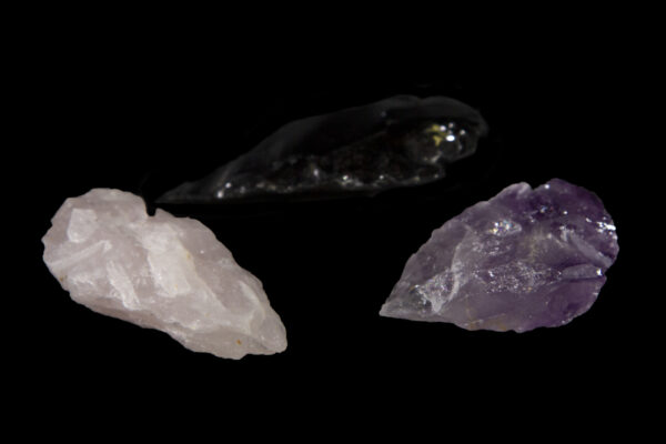 Set of Amethyst, Rose, and Obsidian Arrowheads side view