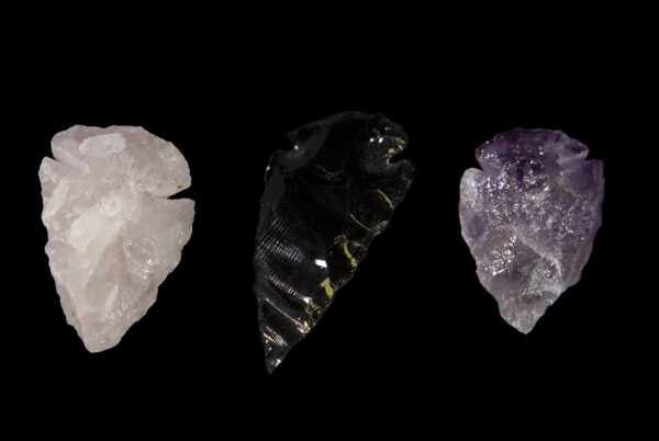 Set of Amethyst, Rose, and Obsidian Arrowheads top view