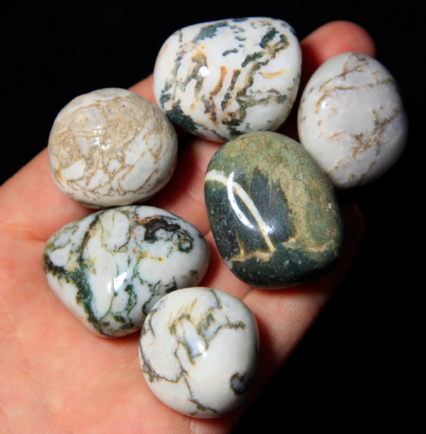 Pile of Small Tumbled Tree Agate in hand for size comparison