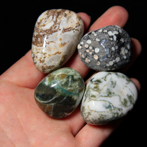Pile of Medium Tumbled Tree Agate in hand for size comparison