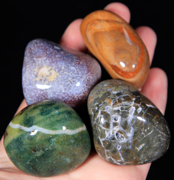Large Tumbled Fancy Jasper Pieces in hand for size comparison