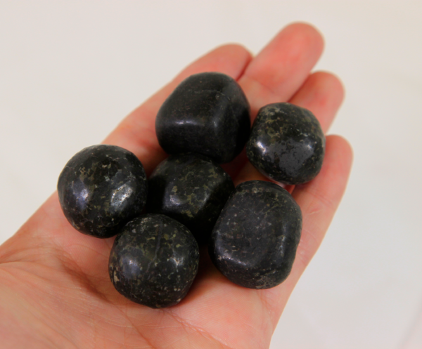 Small Tumbled Nuummite Pieces in hand for size