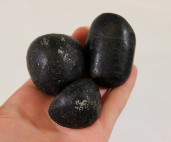 Large Tumbled Nuummite Pieces in hand for size