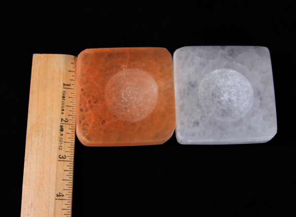 Pair of Square Selenite Sphere Base Stones next to ruler for size comparison