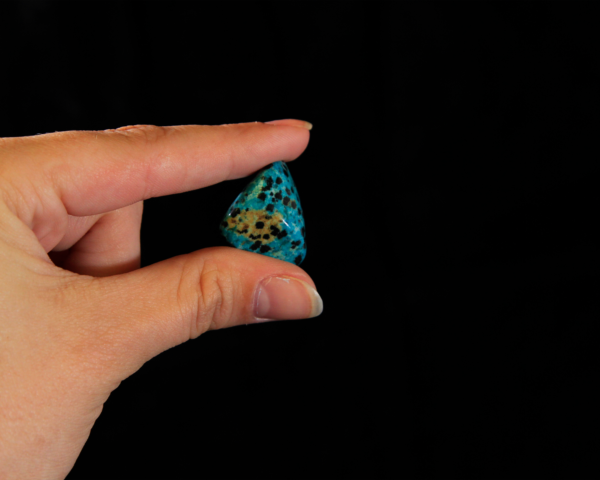 Blue Dalmatian Jasper Stone Between Fingers for size comparison