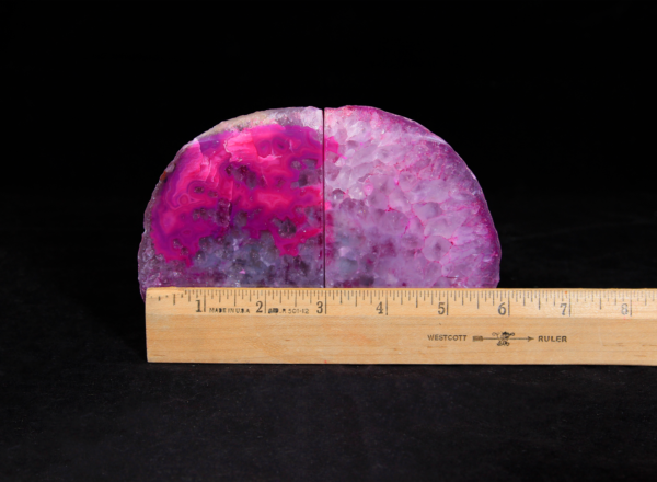Two Matching Small Pink Agate Bookends with ruler to show width