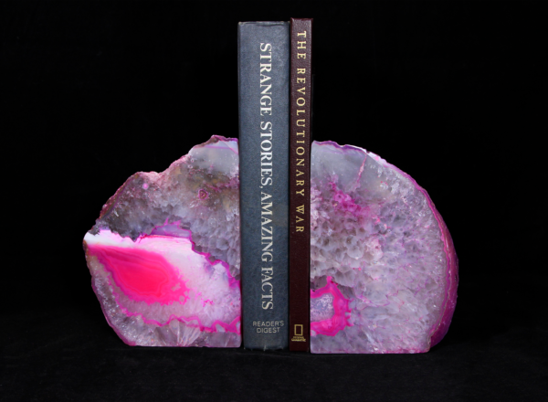 Large Pink Agate Bookends holding up books