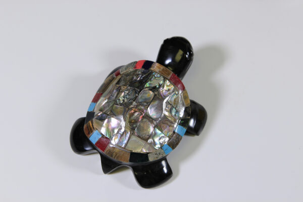 Obsidian turtle figurine with multi-colored shell