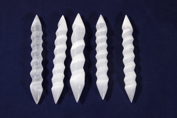 Selenite 6 Inch Double Sided Point Spiral Wands side by side