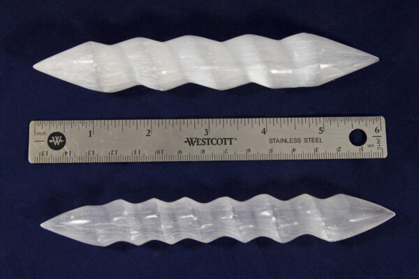 Two Selenite 6 Inch Double Sided Point Spiral Wands with ruler