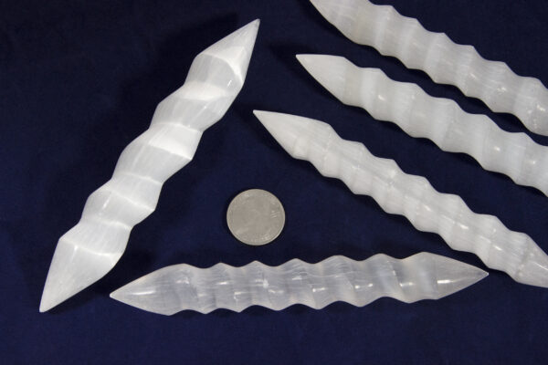 Selenite 6 Inch Double Sided Point Spiral Wands with quarter