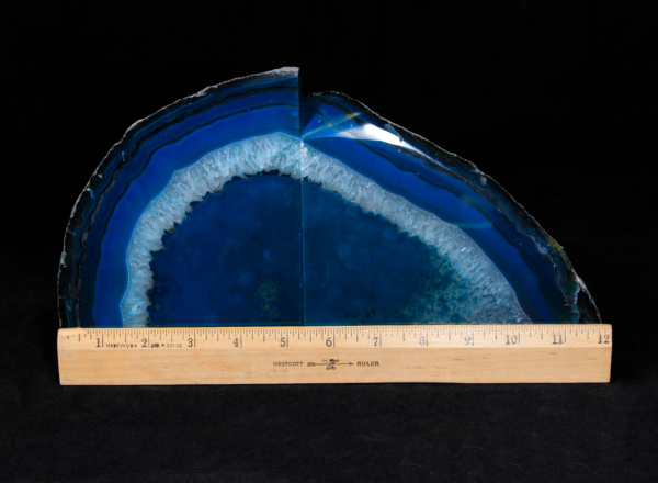 Two Matching Large Blue Agate Bookends next to ruler to show width