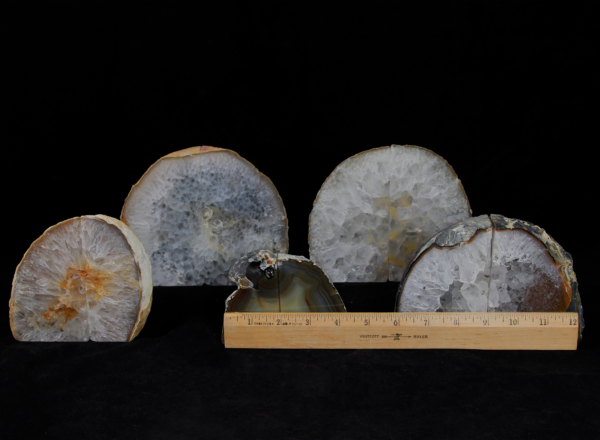 Five pairs of Small Matching Agate Gem Bookends next to a ruler