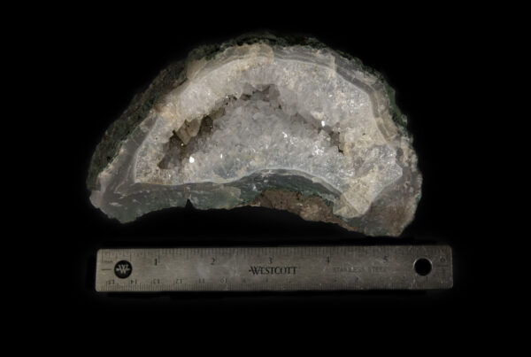 White Amethyst embedded in a deep green and brown rock matrix next to ruler