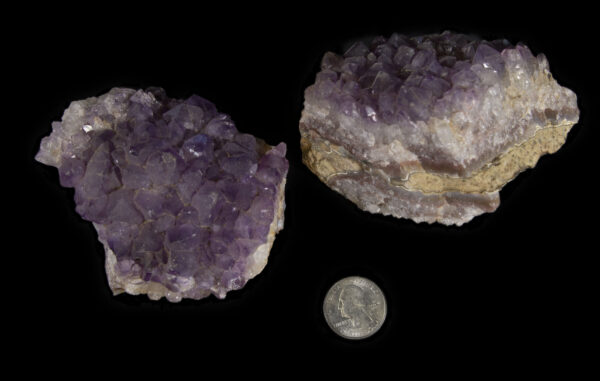 Pair of Amethyst Crystal Clusters next to quarter for size comparison