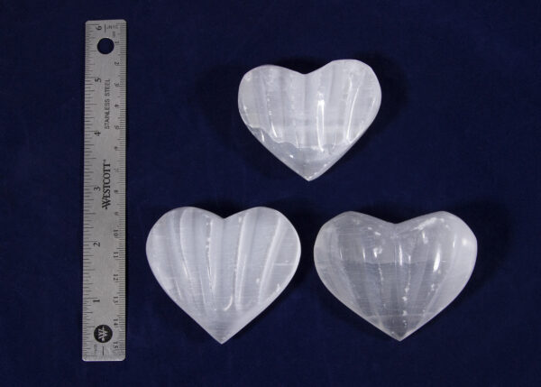 Selenite Massage Hearts with ruler for height