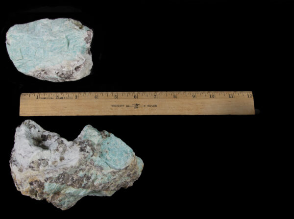 3 to 4 pound Amazonite pieces with ruler for size comparison