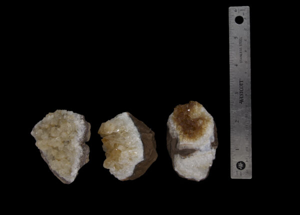 Three Citrine Crystal Clusters next to ruler to show height