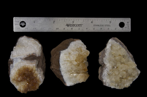 Three Citrine Crystal Clusters next to ruler to show width