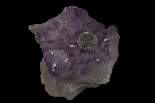 Lilac Amethyst Crystal Cluster with coin for size comparison