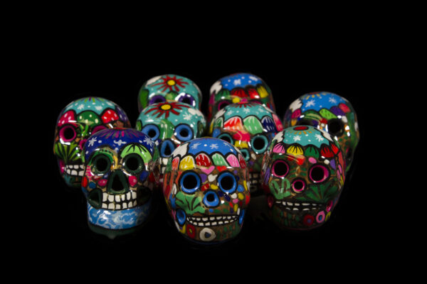 Several Day of the Dead Handpainted skulls front view