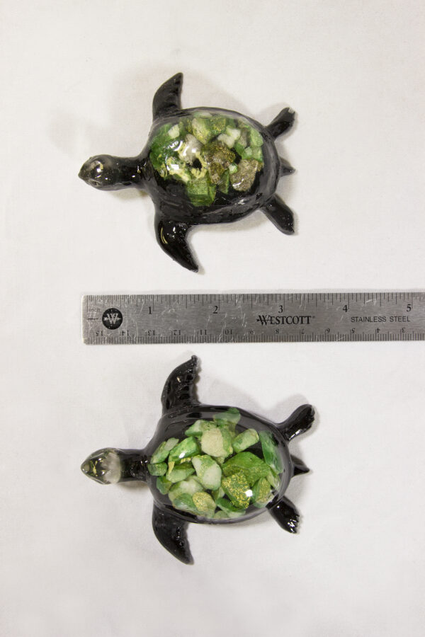 Large Green Precious Mineral Turtle Figurines next to ruler for size comparison