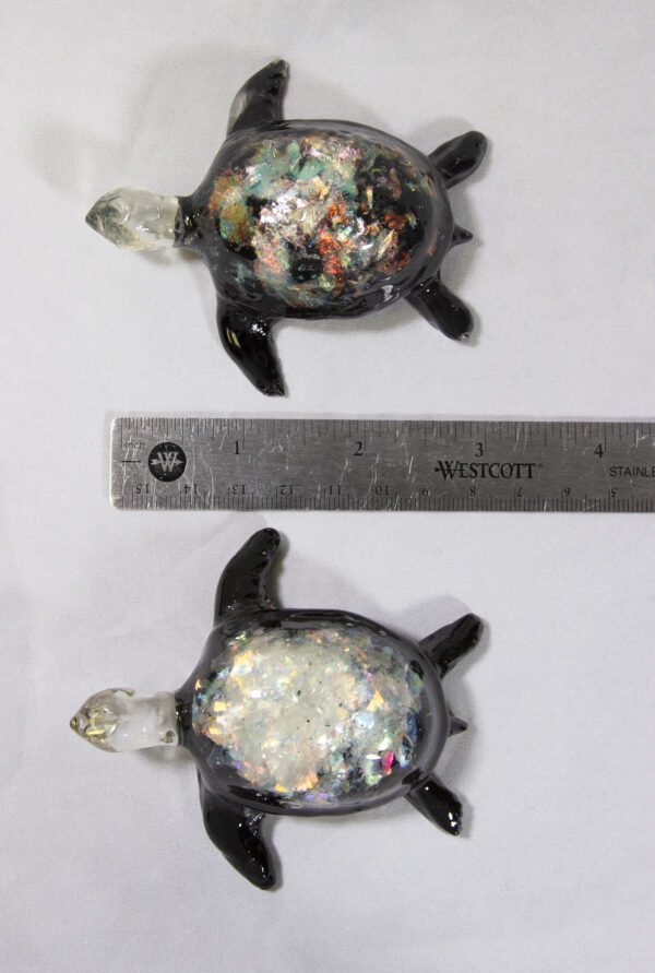 Large Rainbow Precious Mineral Turtle Figurines next to ruler for size comparison