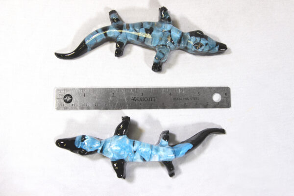 Blue Precious Mineral Alligator Figurines next to ruler for size comparison