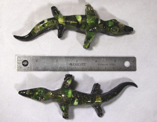 Green Precious Mineral Alligator Figurines next to ruler for size comparison