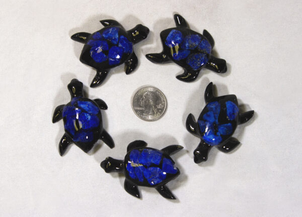 Small Blue Precious Mineral Turtle Figurines next to quarter for size comparison