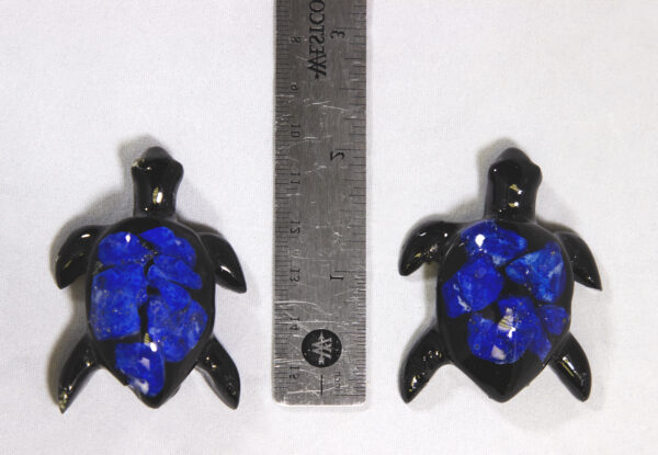 Small Blue Precious Mineral Turtle Figurines next to ruler for size comparison