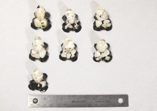 Small White Precious Mineral Frog Figurines next to ruler for size comparison