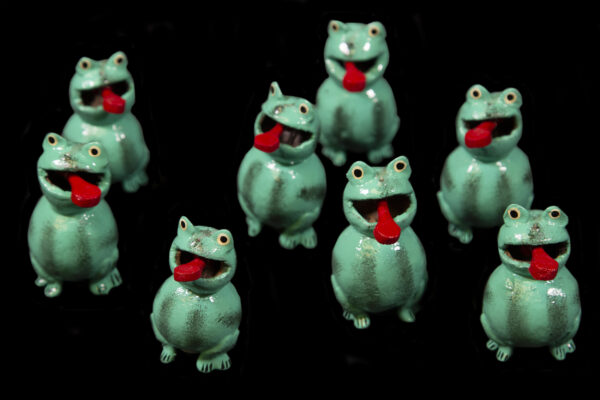 Set of several Green Looseneck Toad Figurines made from dried limoncello fruit