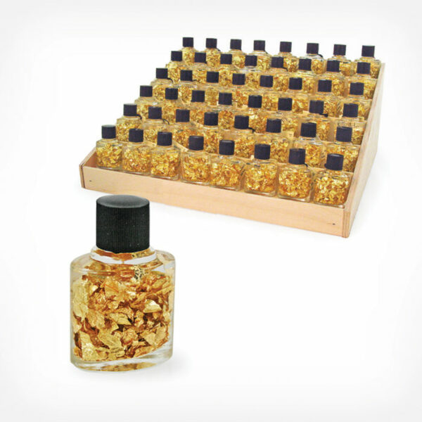 Display Rack of Real Gold Flakes in Glass Vial