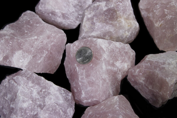1-2 pound Rose Quartz Individual Pieces with coin for size top view